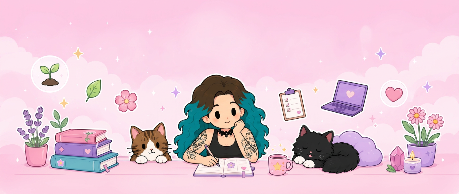 Illustrated banner of Em journaling at her desk with Baby Boy the tabby and Midna the fluffy black cat, surrounded by lavender, books, a laptop, sparkles, and cozy stickers